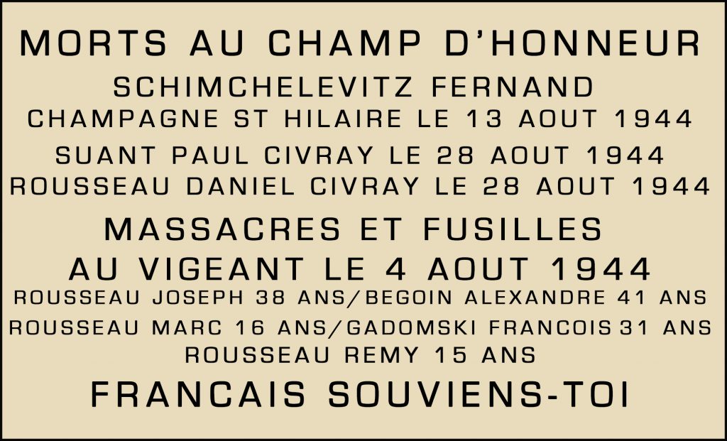 Plaque gravée Mémorial (l'orthographe exacte de certains noms a été restituée ainsi que l'âge) ©Laurent Soulet Charroux- Mémorial 1944